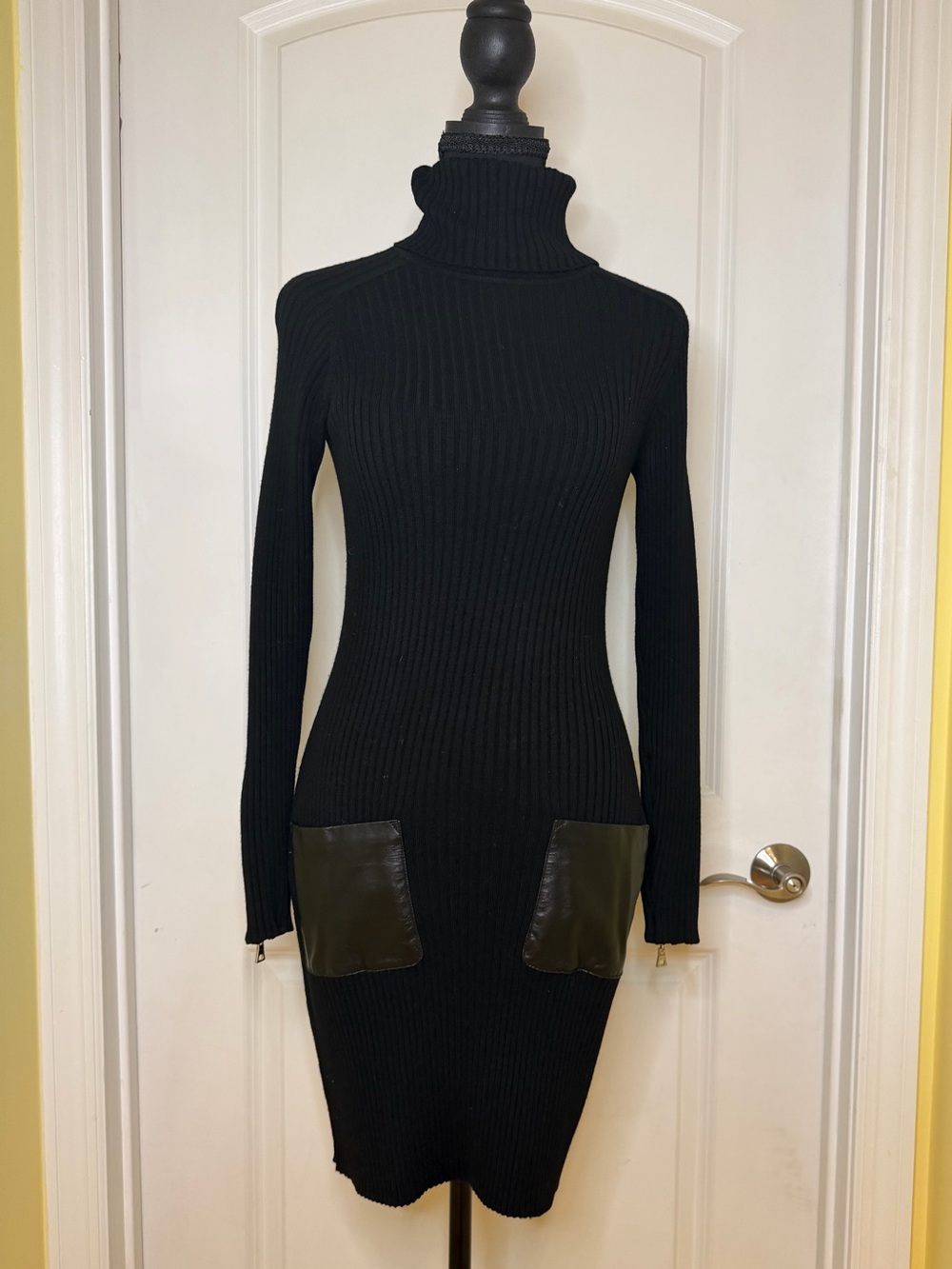 Milly Black Ribbed Turtleneck Sweater Dress with Leather Pocket Detail, size S